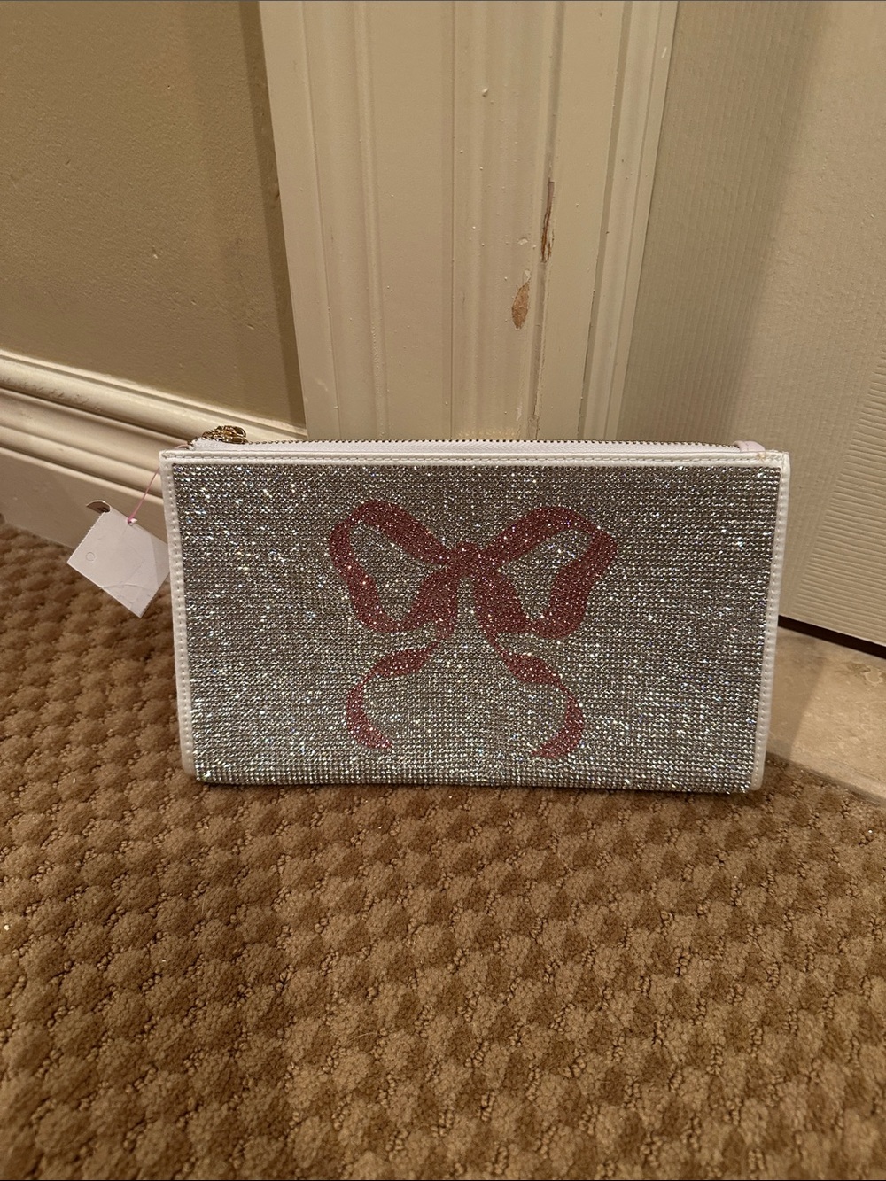 PINK Victoria's Secret Silver Crystal Bow Zip Pouch Wristlet